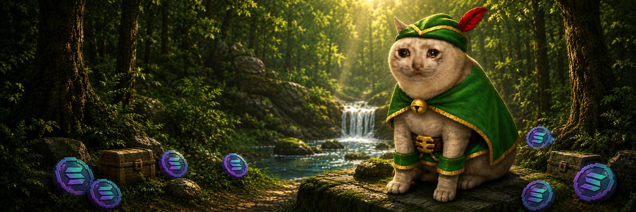 robincat beside Solana coins in a sunlit forest